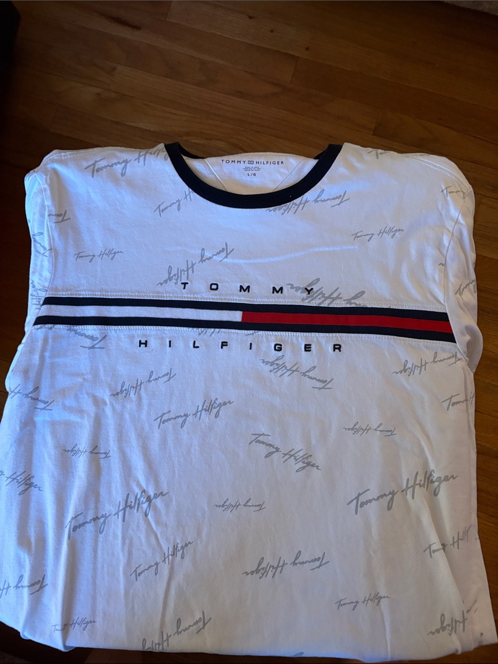 Tommy Hilfiger White Crewneck Tee with Navy and Red Stripe
